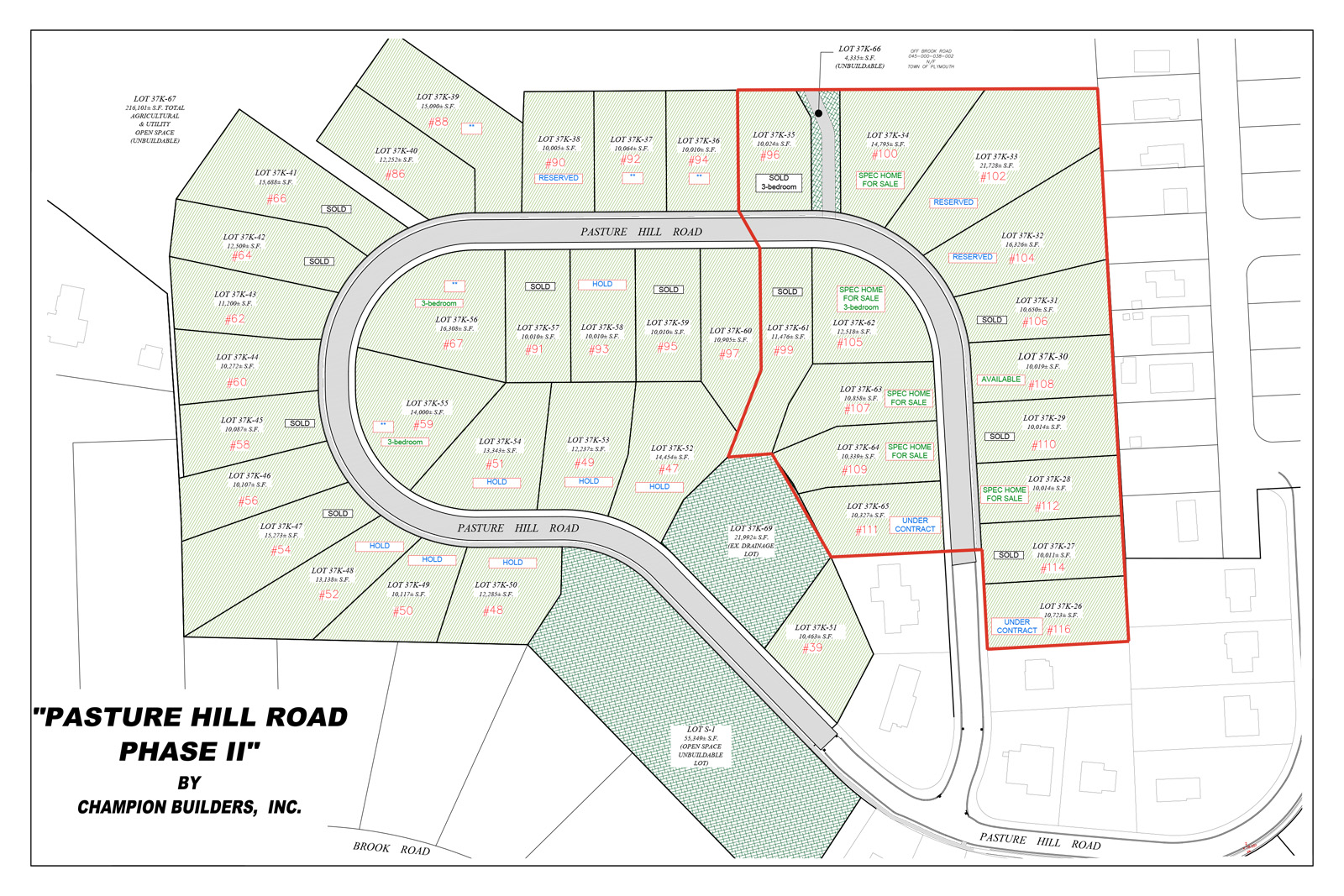 Bartlett Pond Village site plan — Pasture Hill Road section, showing available lots